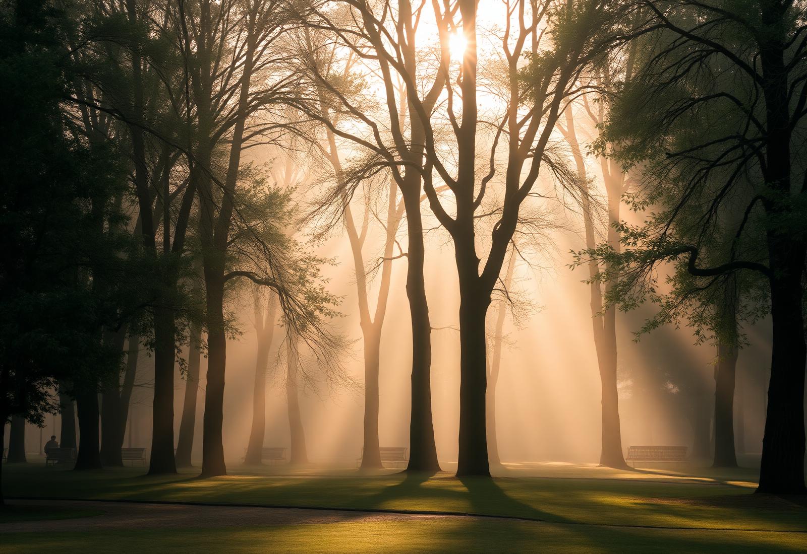 Spokojny park o poranku we mgle